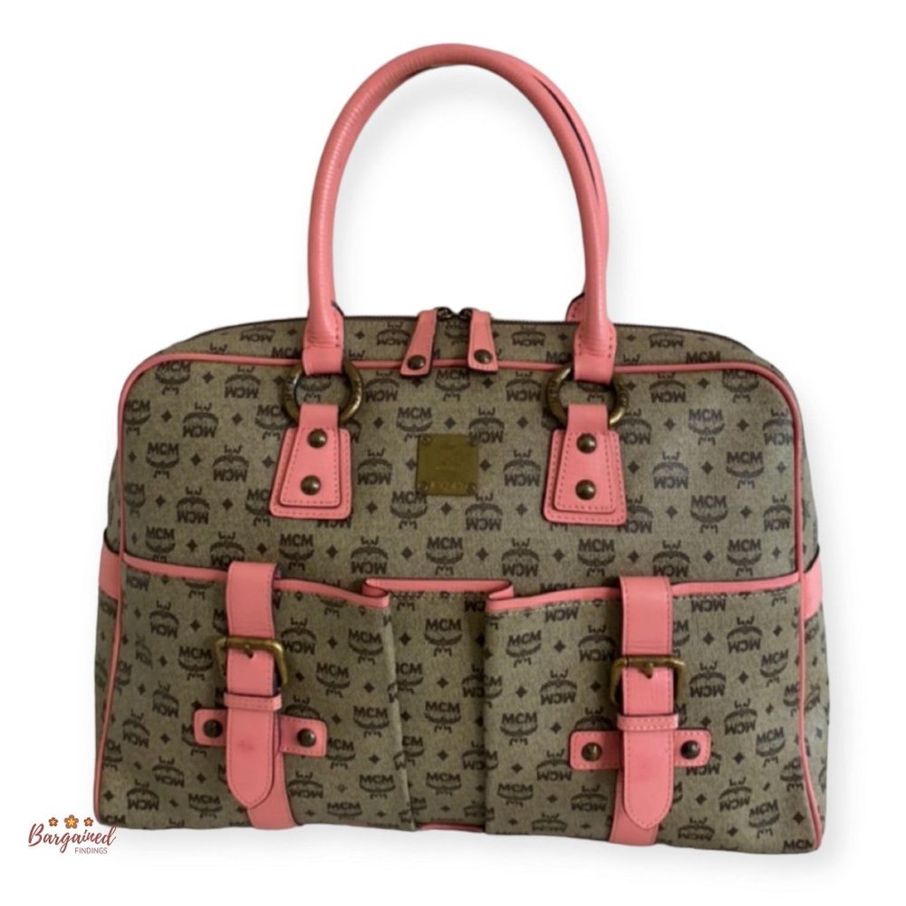 Authentic MCM Brown Pink Coated Canvas Leather Large Satchel Handbag